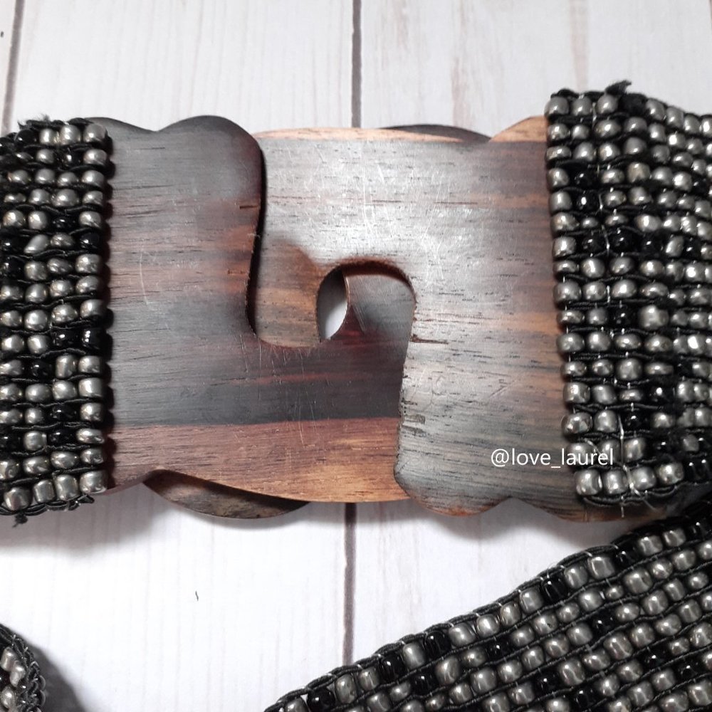 Beaded Wood Stretch Wide Belt Boho Bohemian Artisan Brown Black Gray - Picture 6 of 8